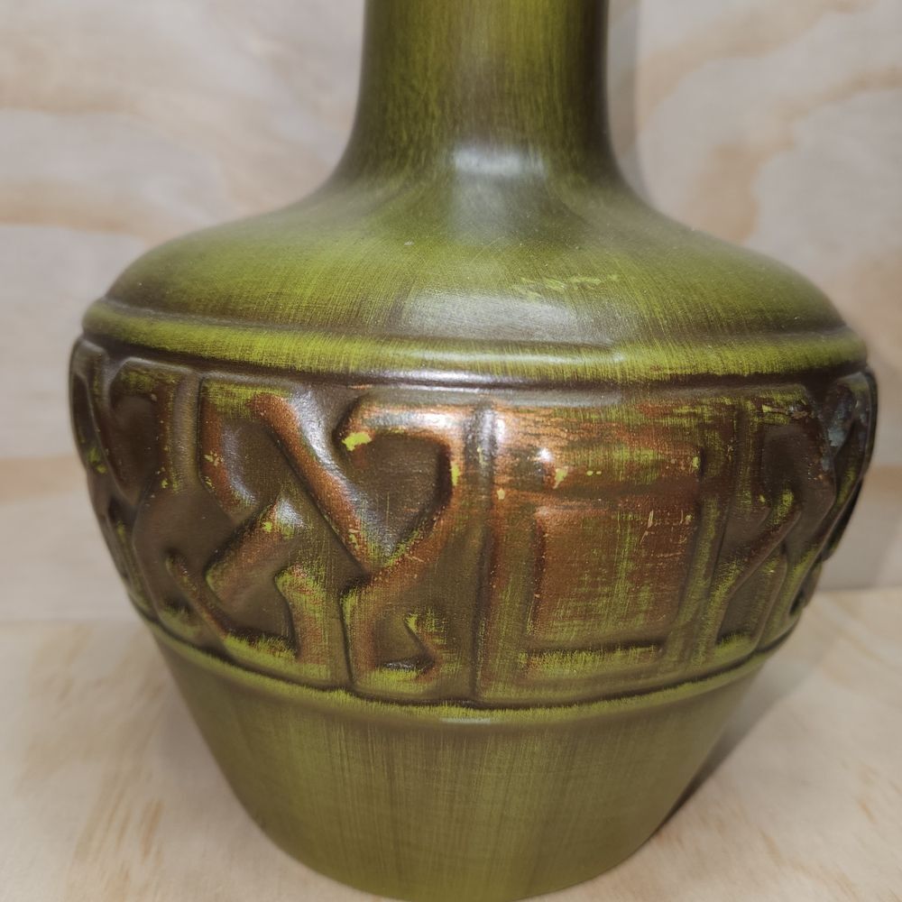Vintage MCM Green Brown Bronze Ceramic Long Neck Pitcher Vase Pottery - Picture 5 of 11